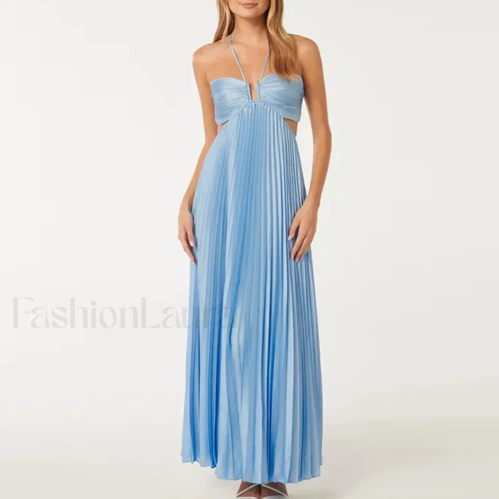 Pleated High Waist Halter Maxi Dress