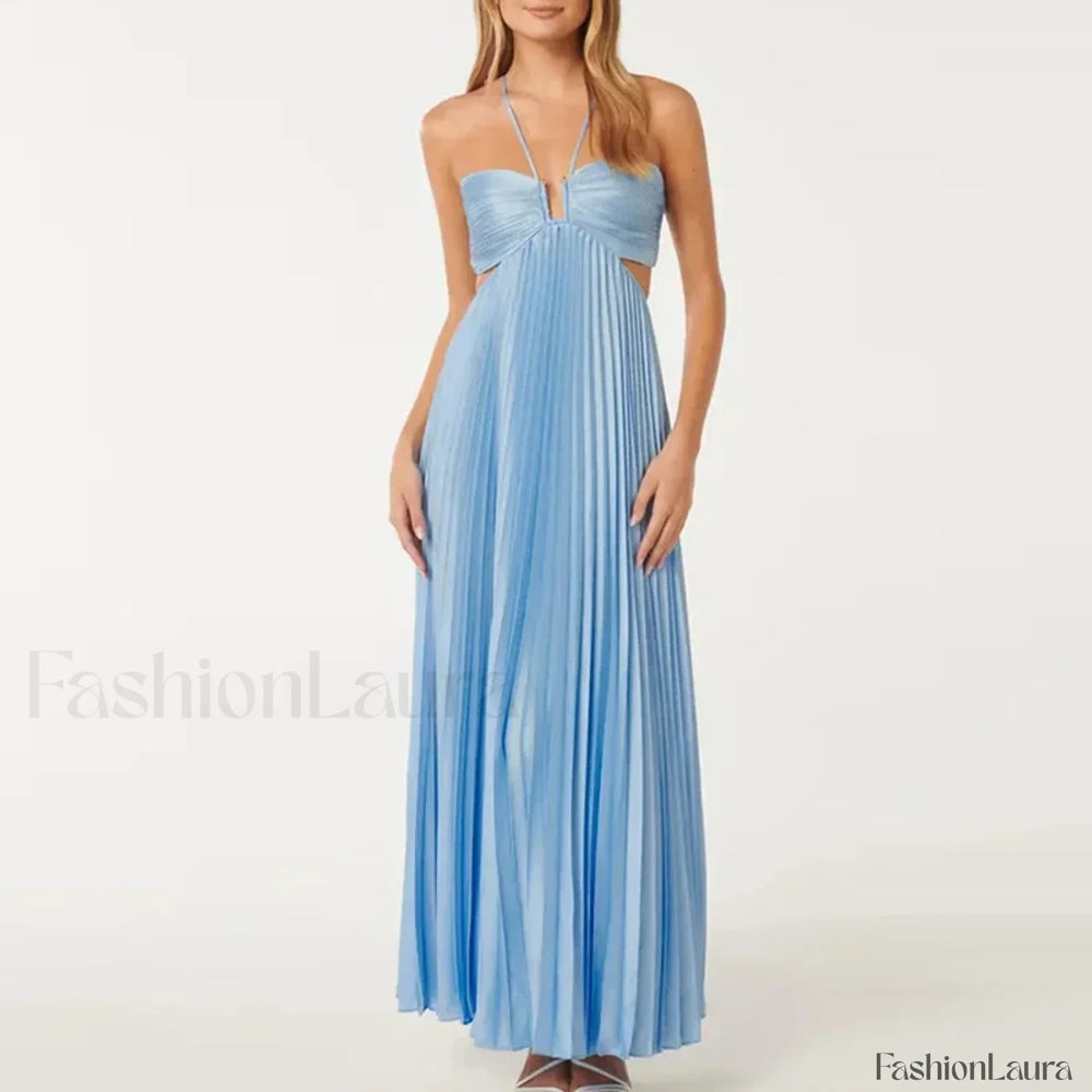 Pleated High Waist Halter Maxi Dress
