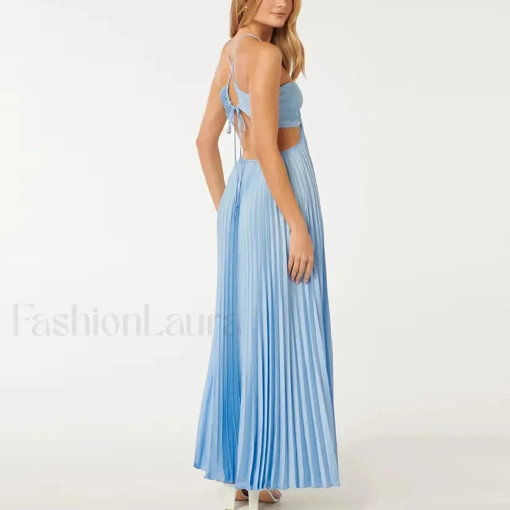 Pleated High Waist Halter Maxi Dress