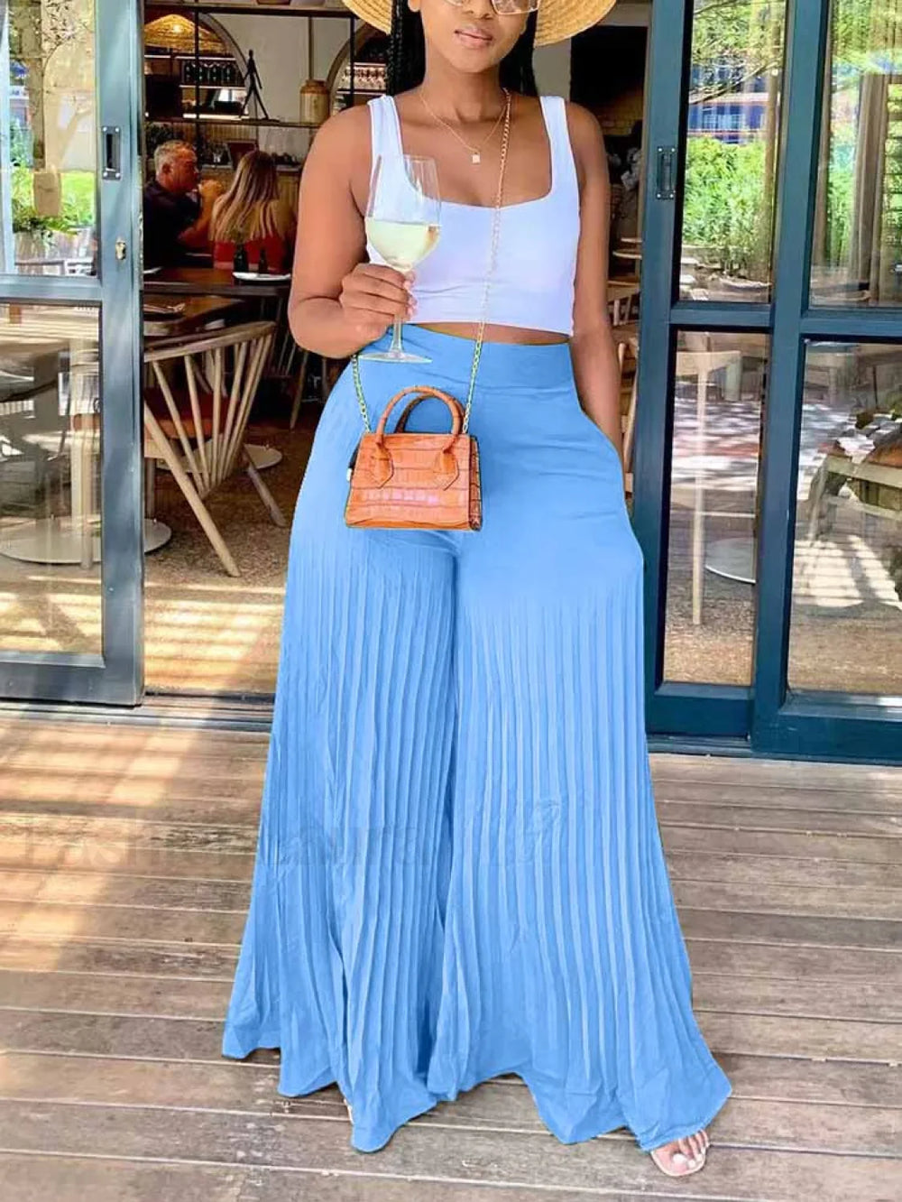 Pleated High Waist Wide Leg Pants Blue / L Pants