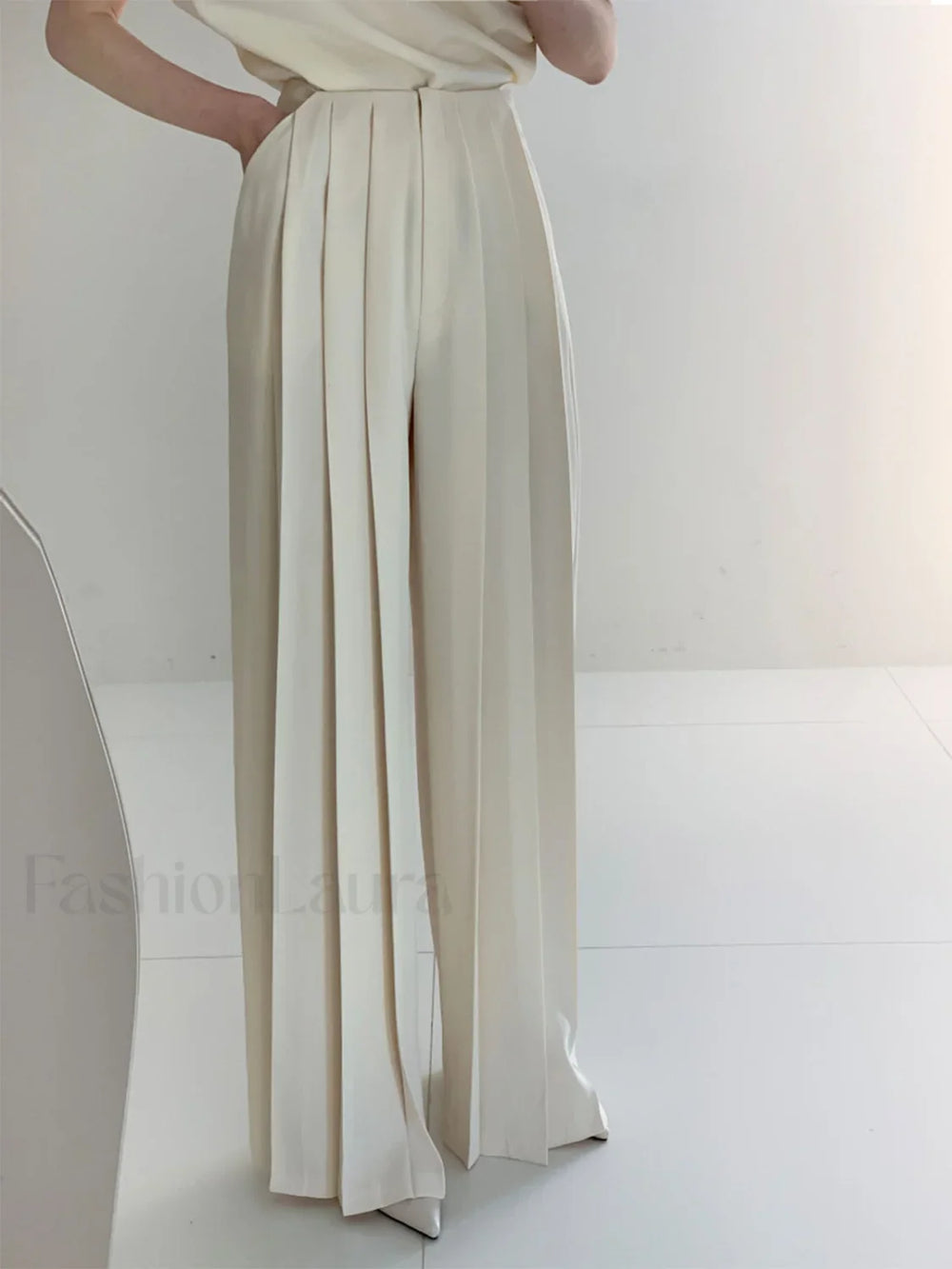 Pleated High Waist Wide Leg Pants White / XS Pants