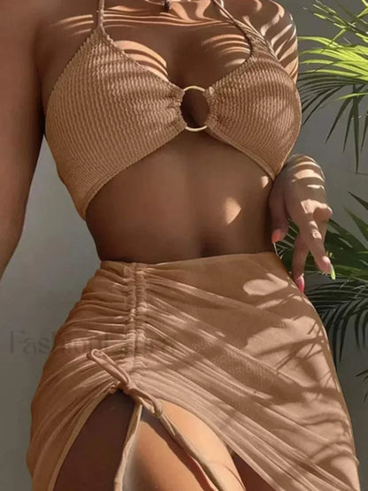 Pleated Hollow Out Three Piece Set COFFEE / S