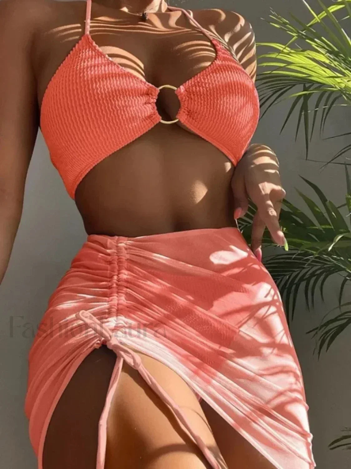 Pleated Hollow Out Three Piece Set WATERMELON RED / S