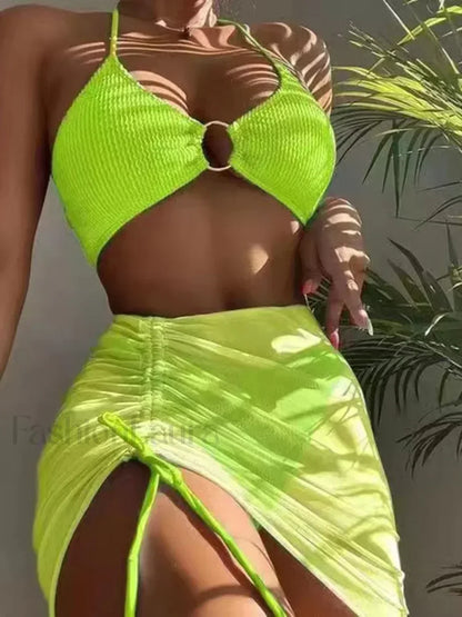 Pleated Hollow Out Three Piece Set YELLOW / S