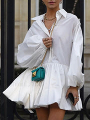 Pleated Long Sleeve Button Up Collar Mini Dress White / XS Dresses