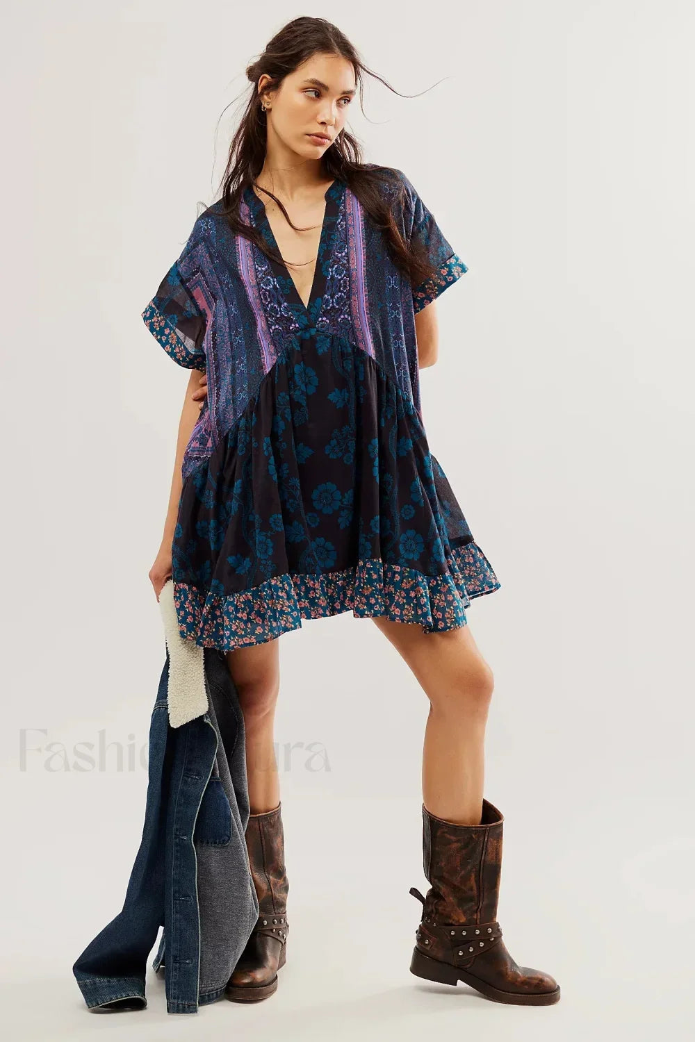 Pleated Oversized V Neck Boho Dress Violet / S