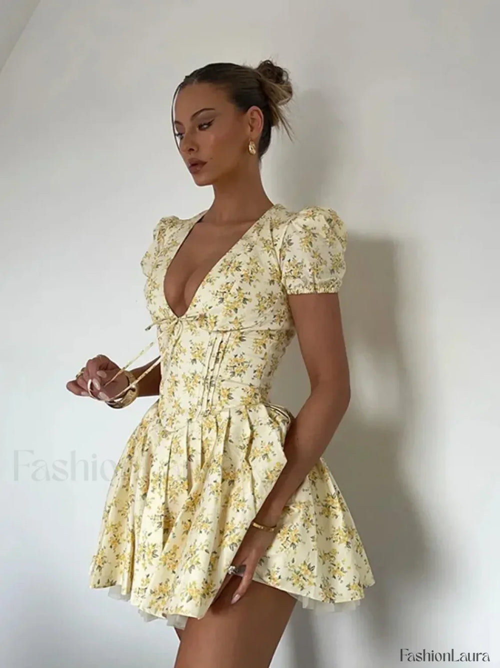 Pleated Puff Sleeve Floral Dress