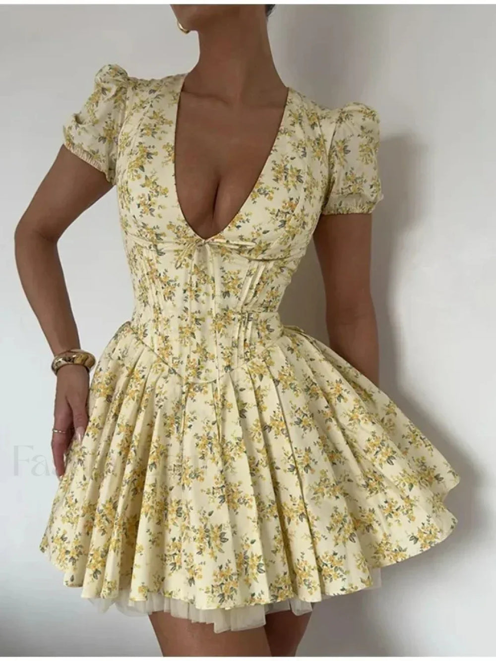 Pleated Puff Sleeve Floral Dress