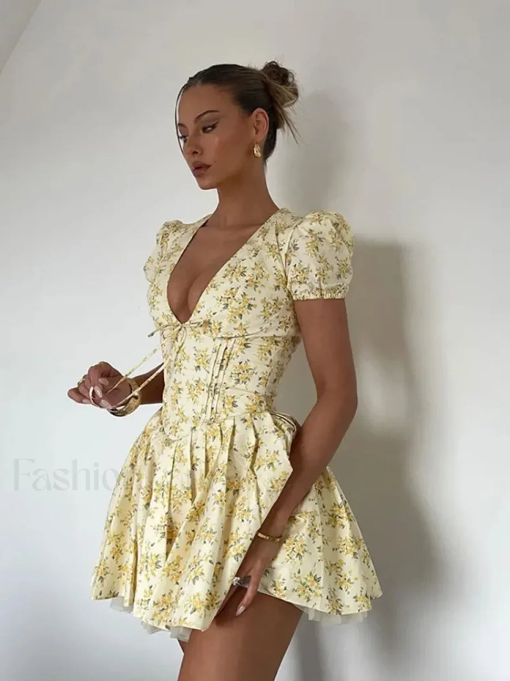 Pleated Puff Sleeve Floral Dress