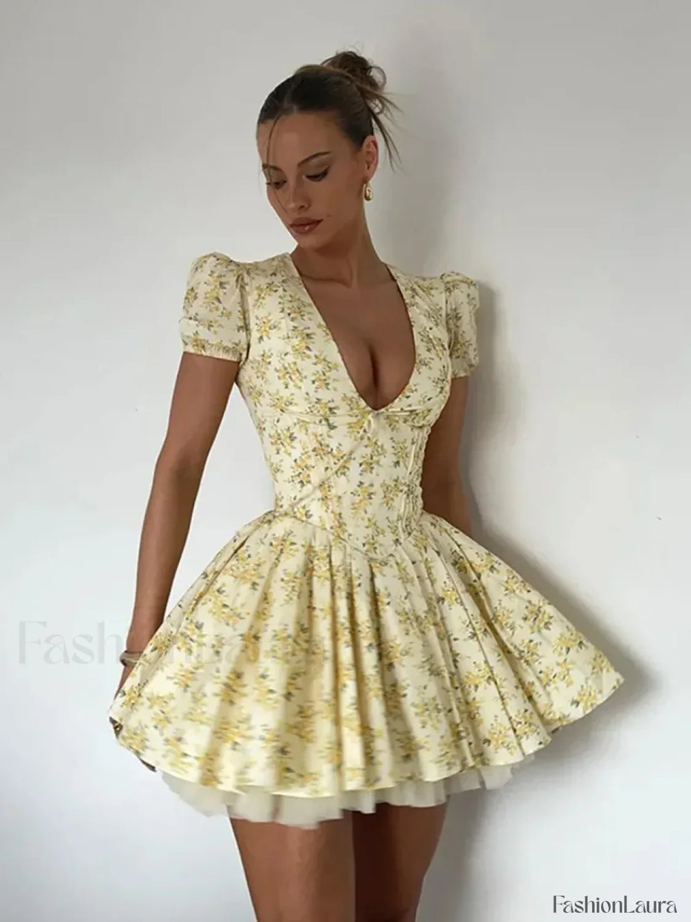 Pleated Puff Sleeve Floral Dress