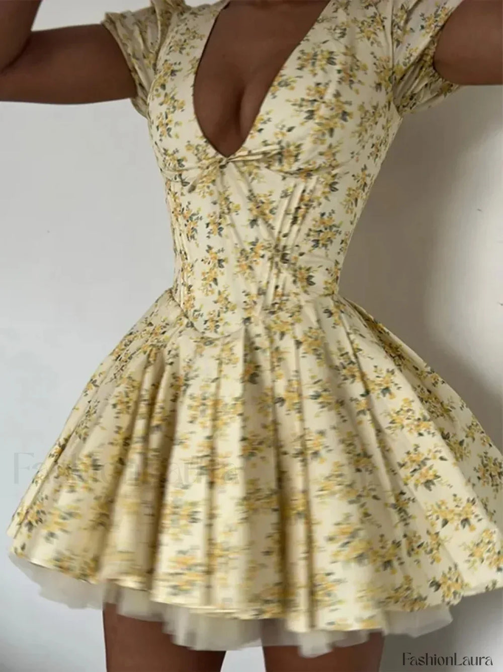 Pleated Puff Sleeve Floral Dress