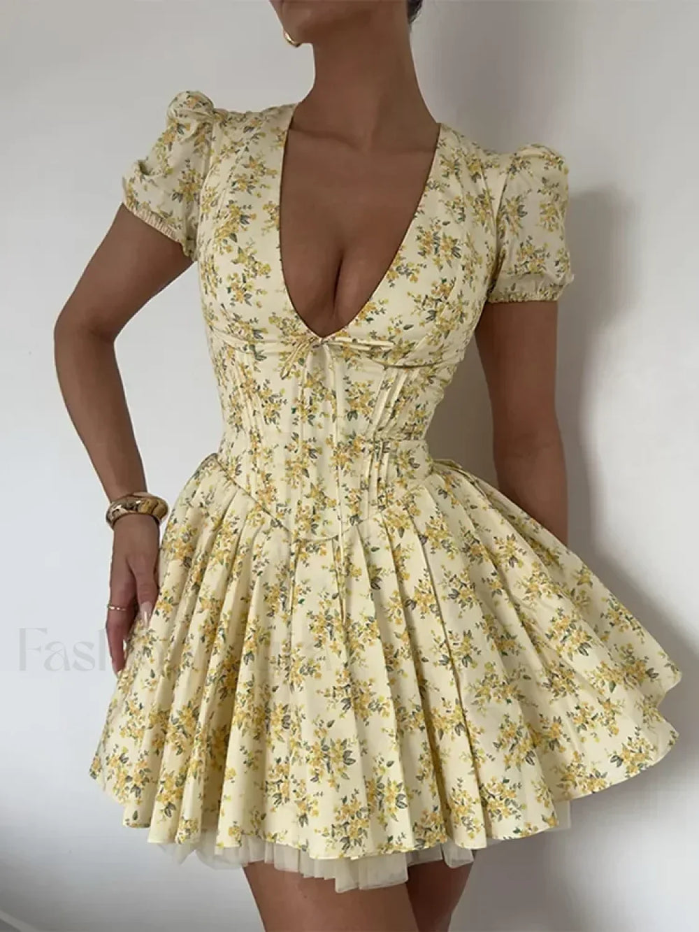 Pleated Puff Sleeve Floral Dress Yellow / S