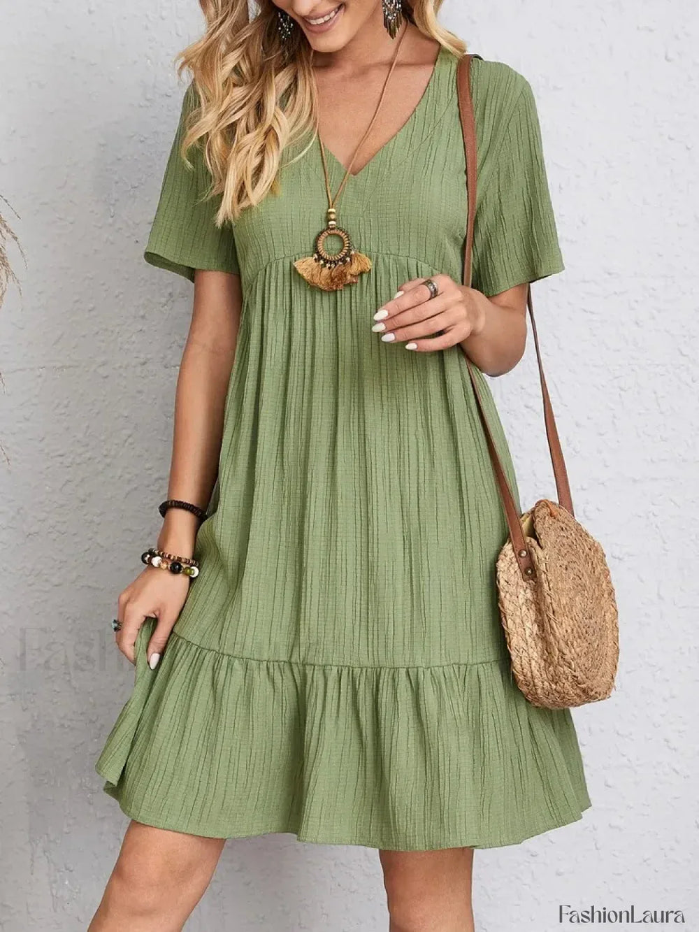 Pleated Ruffle Mini Boho Dress Green / S