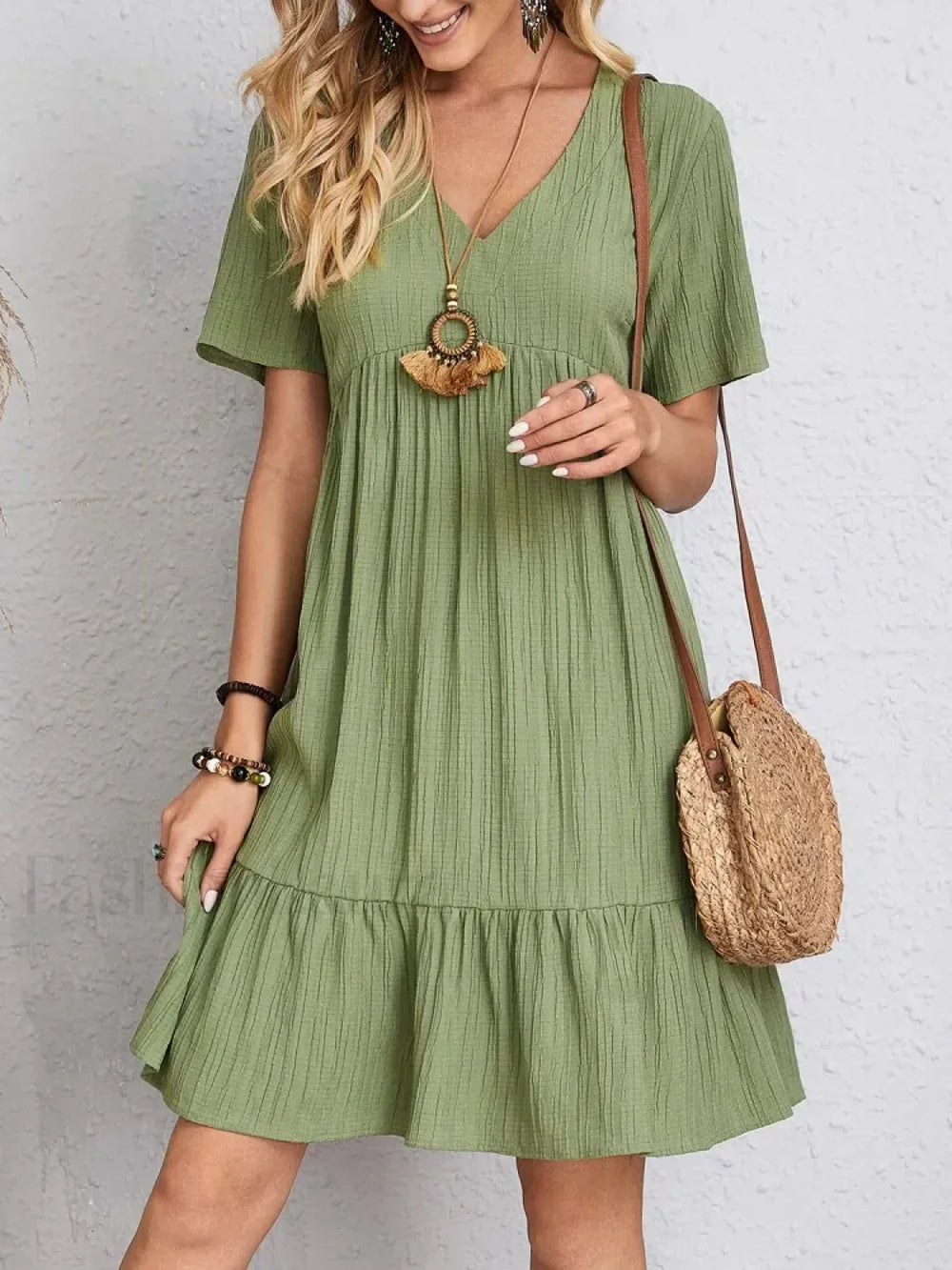 Pleated Ruffle Mini Boho Dress Green / S