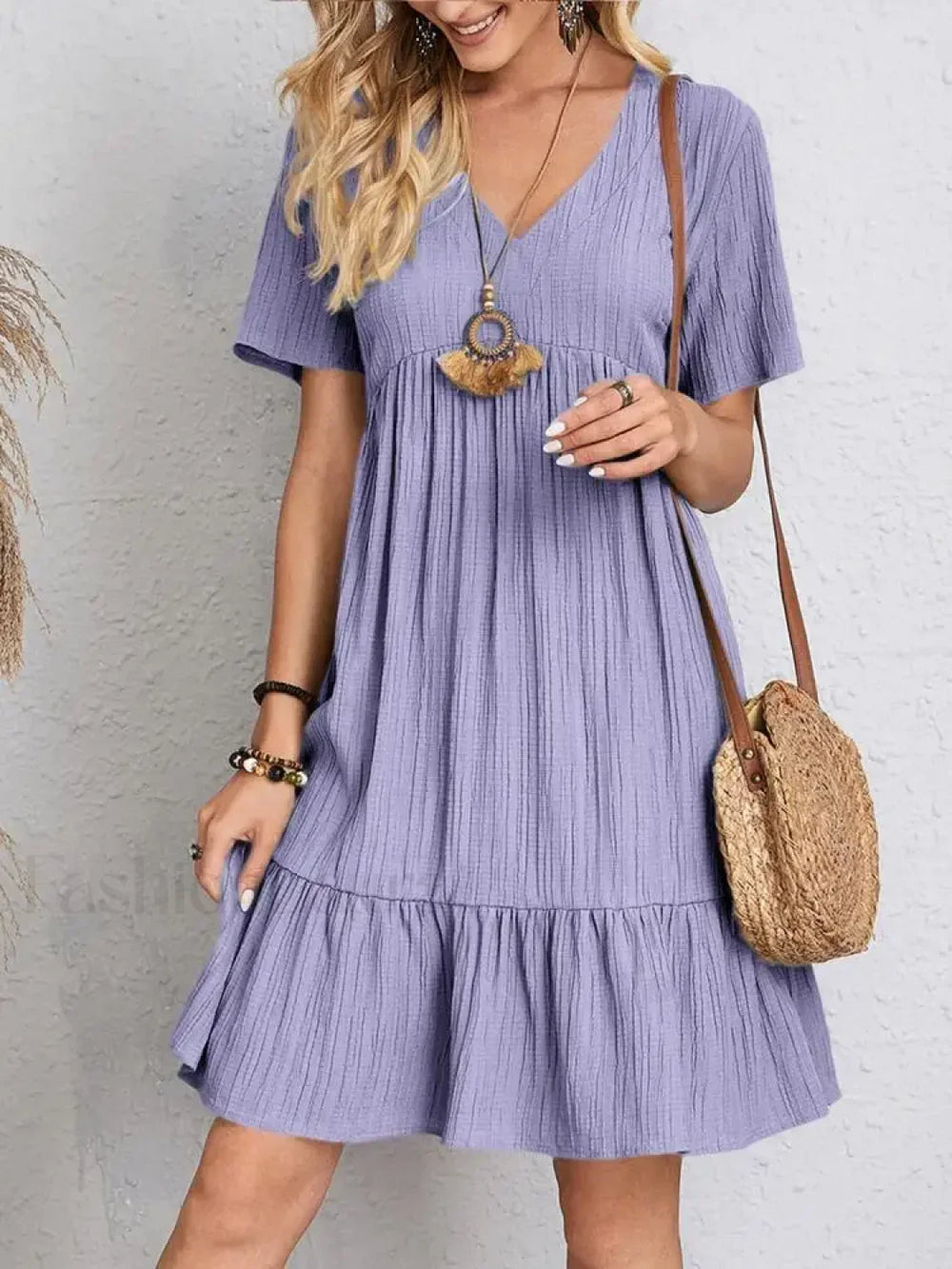Pleated Ruffle Mini Boho Dress Light Purple / S