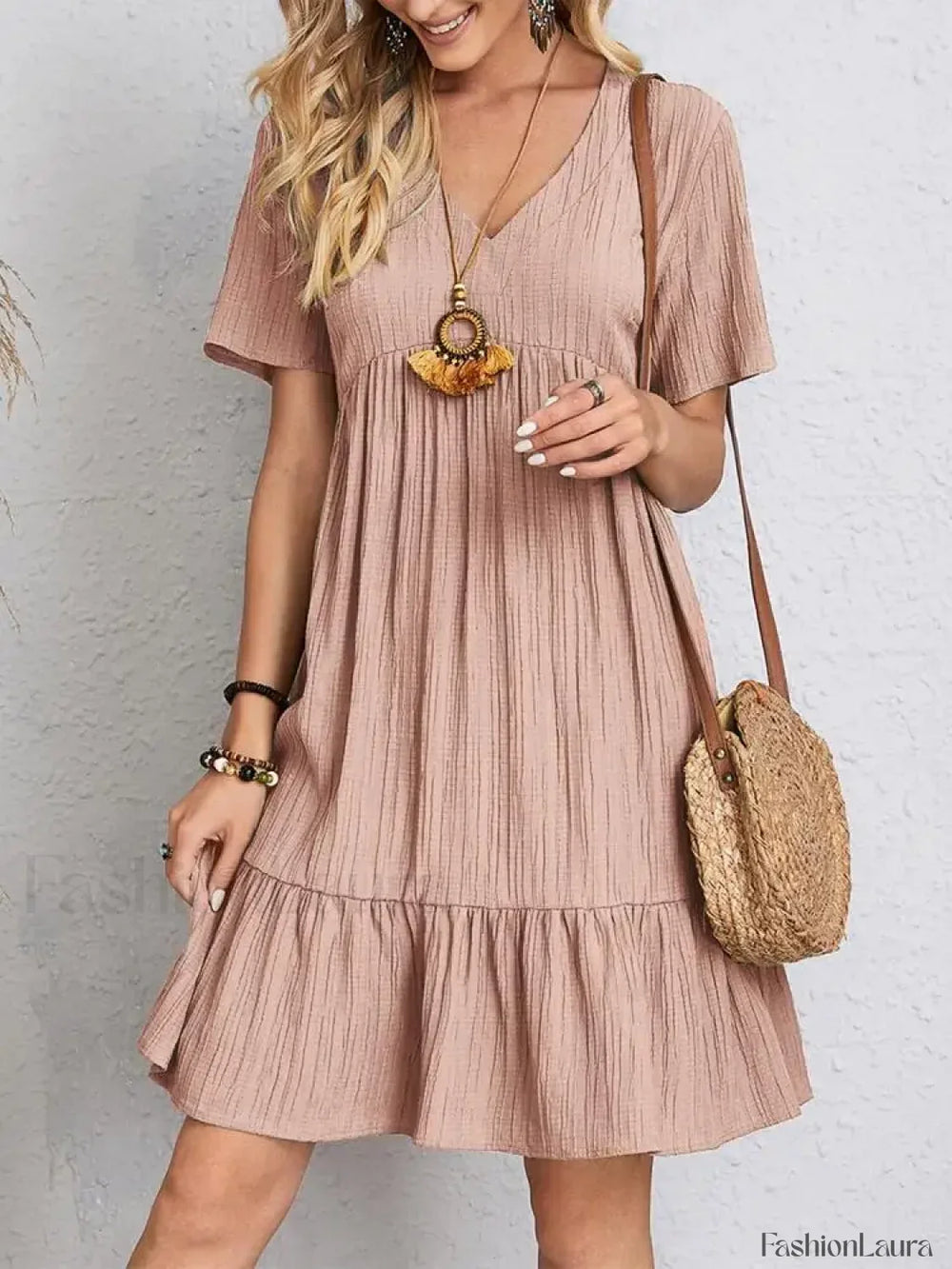 Pleated Ruffle Mini Boho Dress Pink / S
