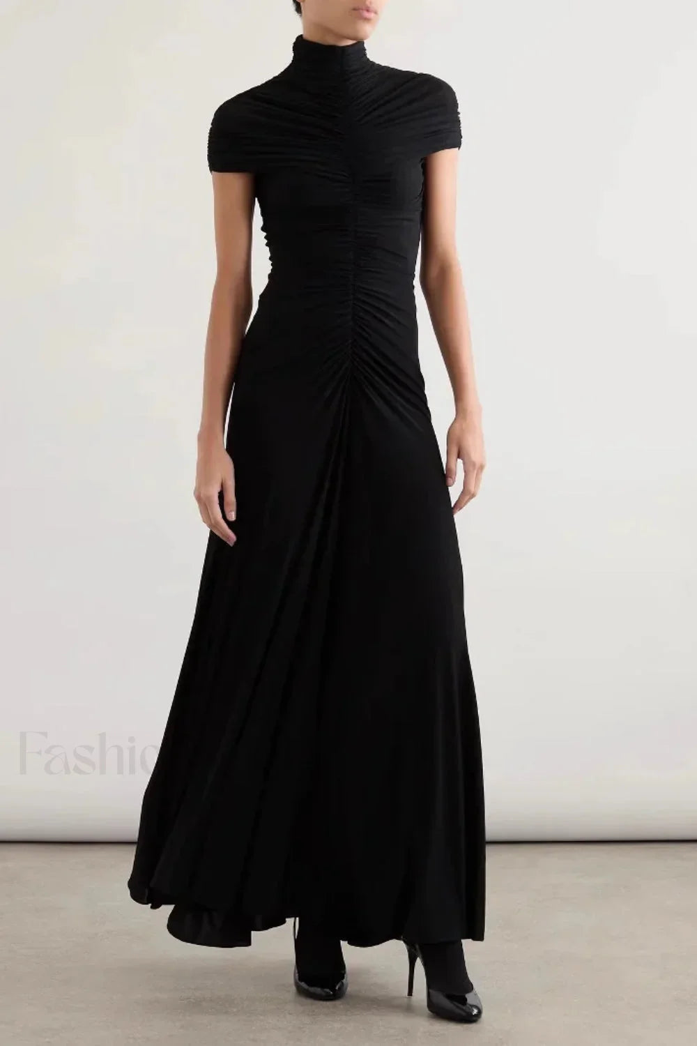 Pleated Slim Fit Crew Neck Work Dress Black spot / S