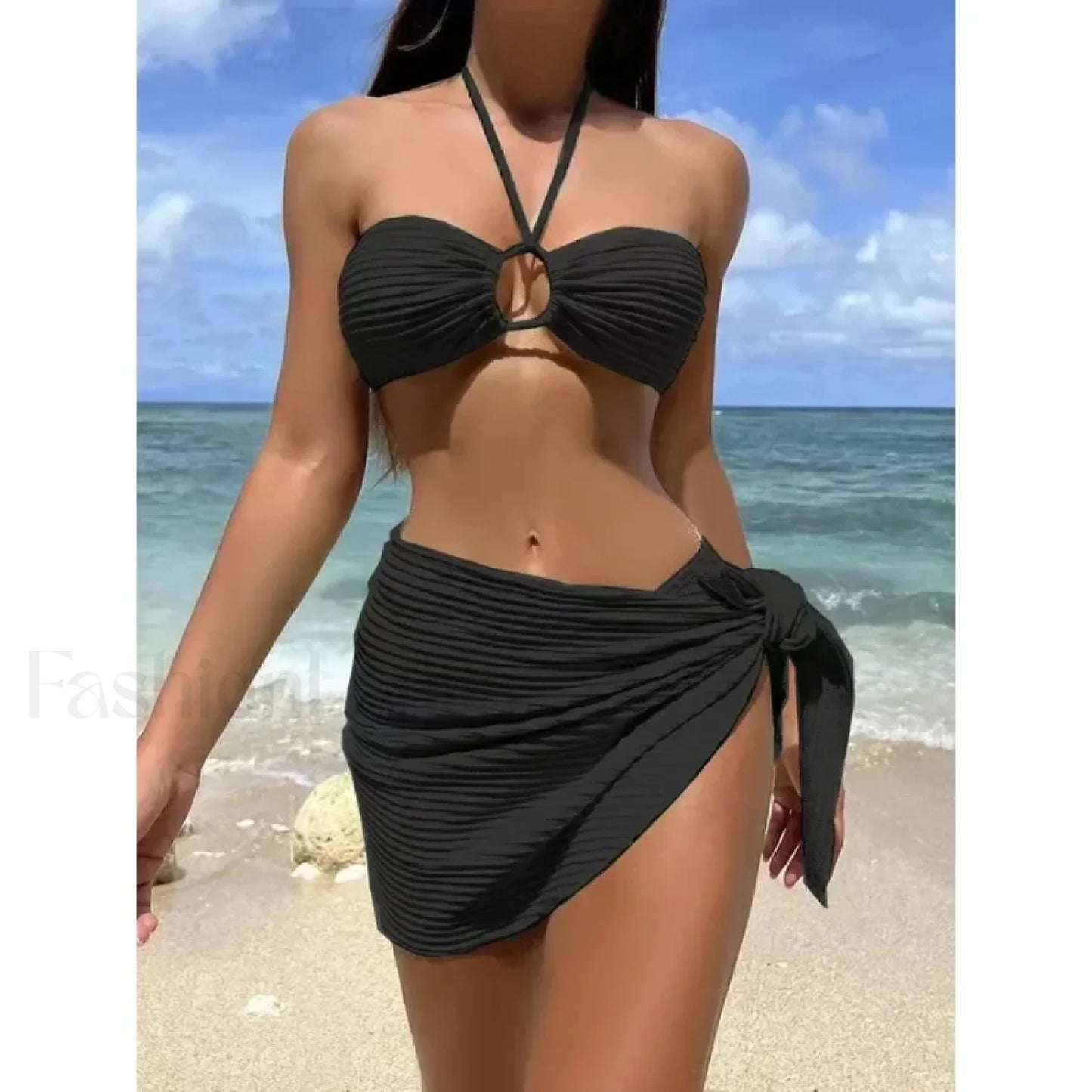 Pleated Solid Halter Three Piece Set Black / S