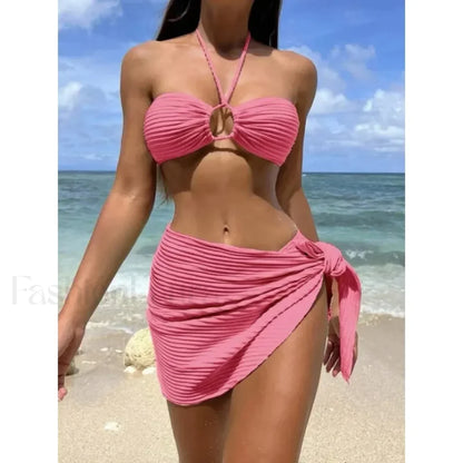 Pleated Solid Halter Three Piece Set Pink / S