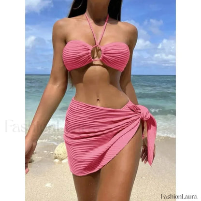 Pleated Solid Halter Three Piece Set Pink / S