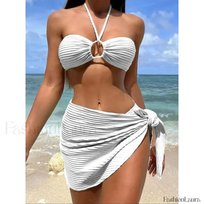Pleated Solid Halter Three Piece Set WHITE / S