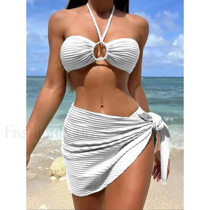 Pleated Solid Halter Three Piece Set WHITE / S