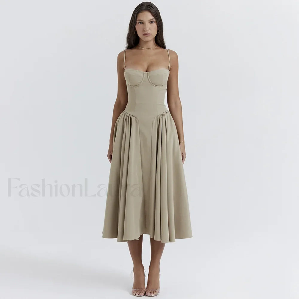 Pleated Spaghetti Strap Midi Dress Khaki / S