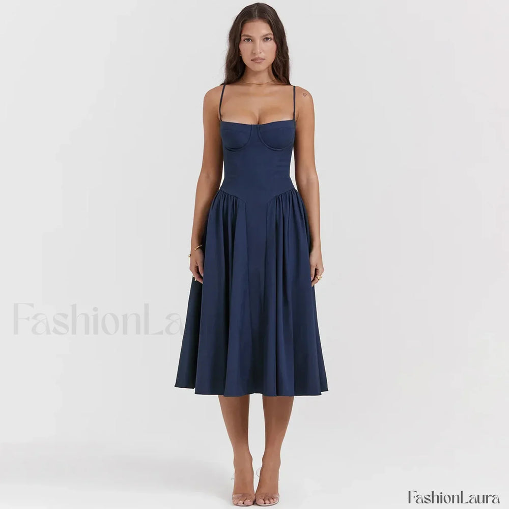 Pleated Spaghetti Strap Midi Dress Navy / S