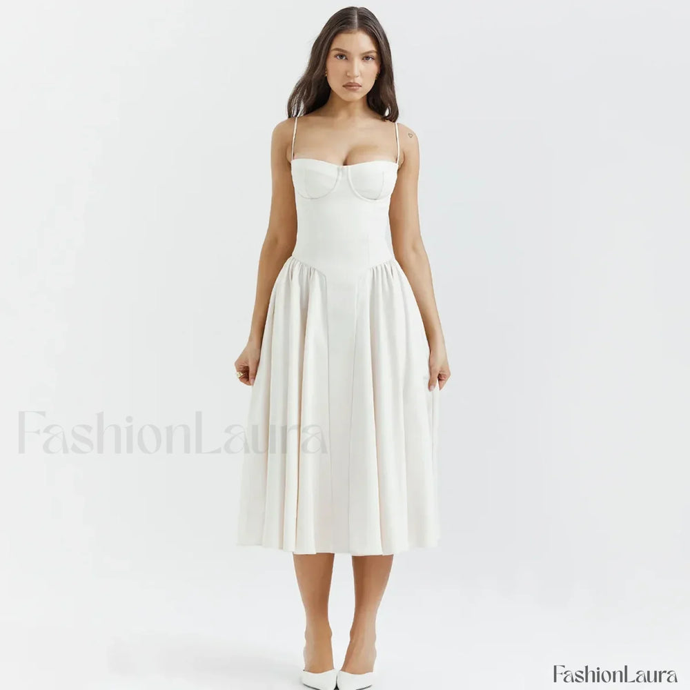 Pleated Spaghetti Strap Midi Dress White / S