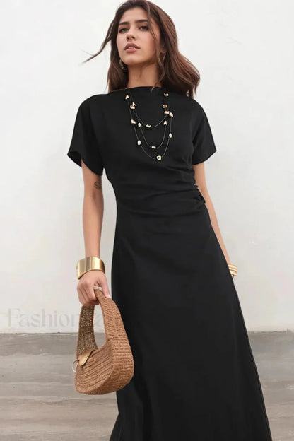 Pleated Waist Pendant Detail Black Maxi Dress