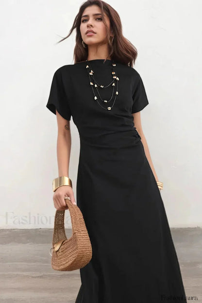 Pleated Waist Pendant Detail Black Maxi Dress
