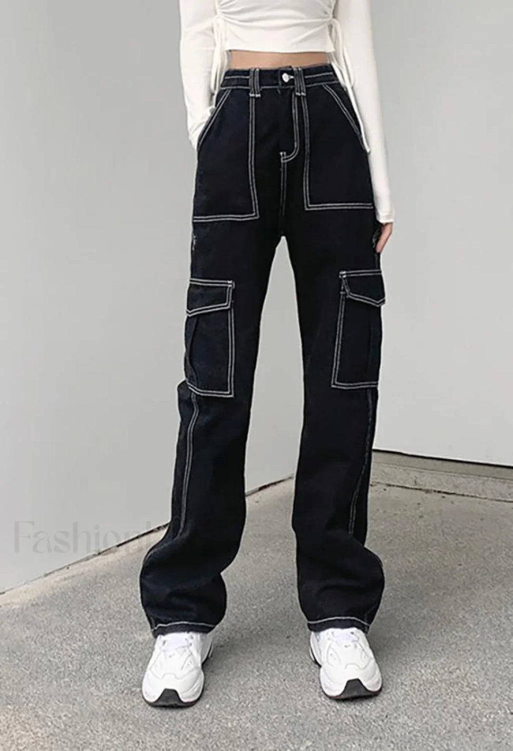 Pocket Stitched High Waist Cargo Jeans Jeans