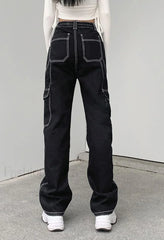 Pocket Stitched High Waist Cargo Jeans Jeans