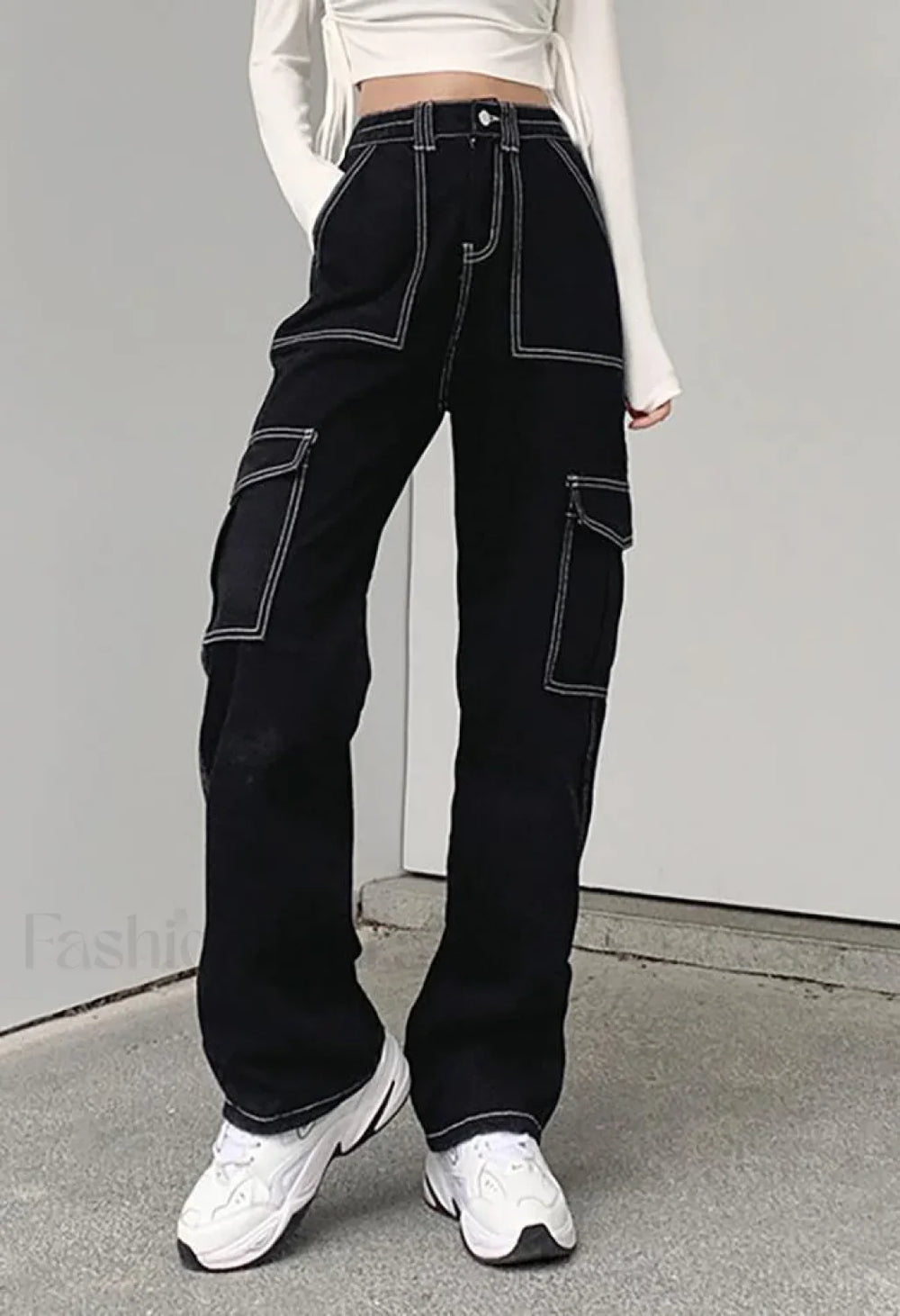 Pocket Stitched High Waist Cargo Jeans Black / S Jeans