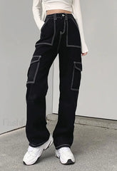Pocket Stitched High Waist Cargo Jeans Black / S Jeans