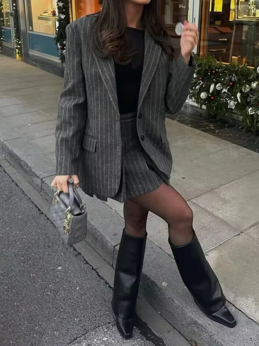 Pocket Stripe Graceful Collar Blazer Blazers