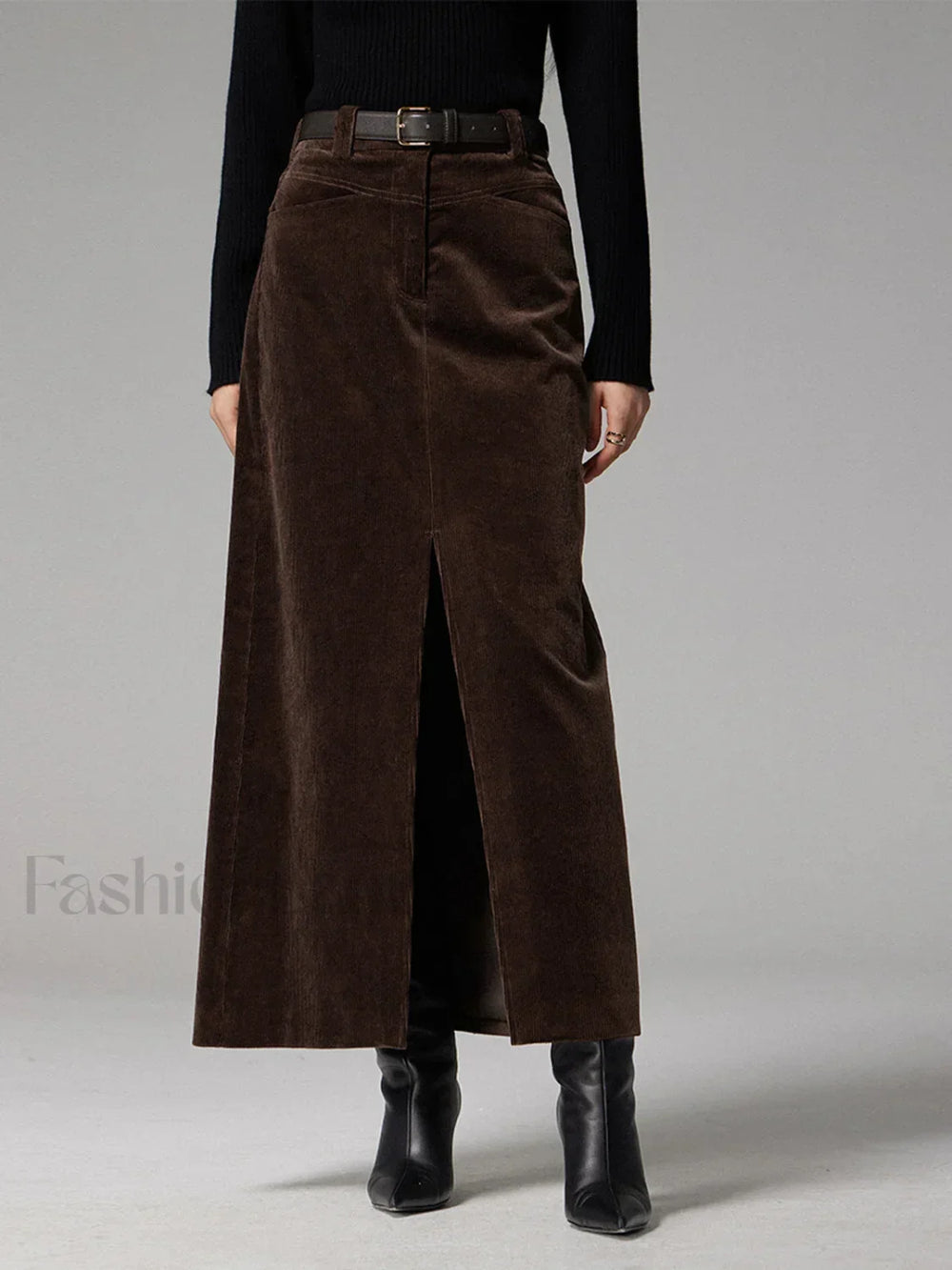 Pockets Corduroy Slit Maxi Skirt Brown / XS Skirts