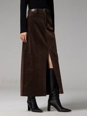Pockets Corduroy Slit Maxi Skirt Skirts