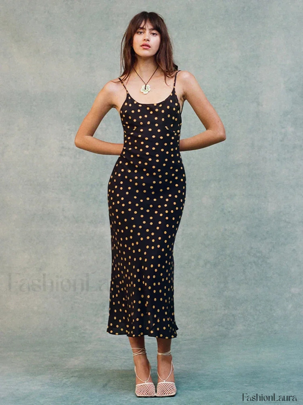 Polka Dot Backless Midi Dress Black / S