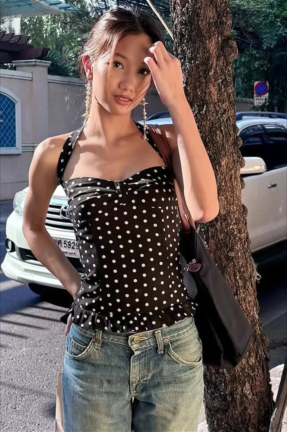 Polka Dot Halter Strapless Crop Top Black / S