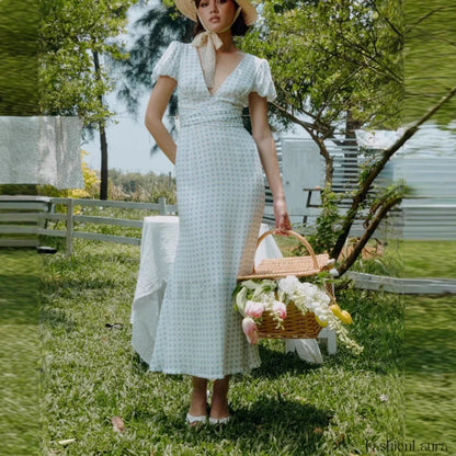 Polka Dot Lace Up French Gentle Wind Maxi Dress