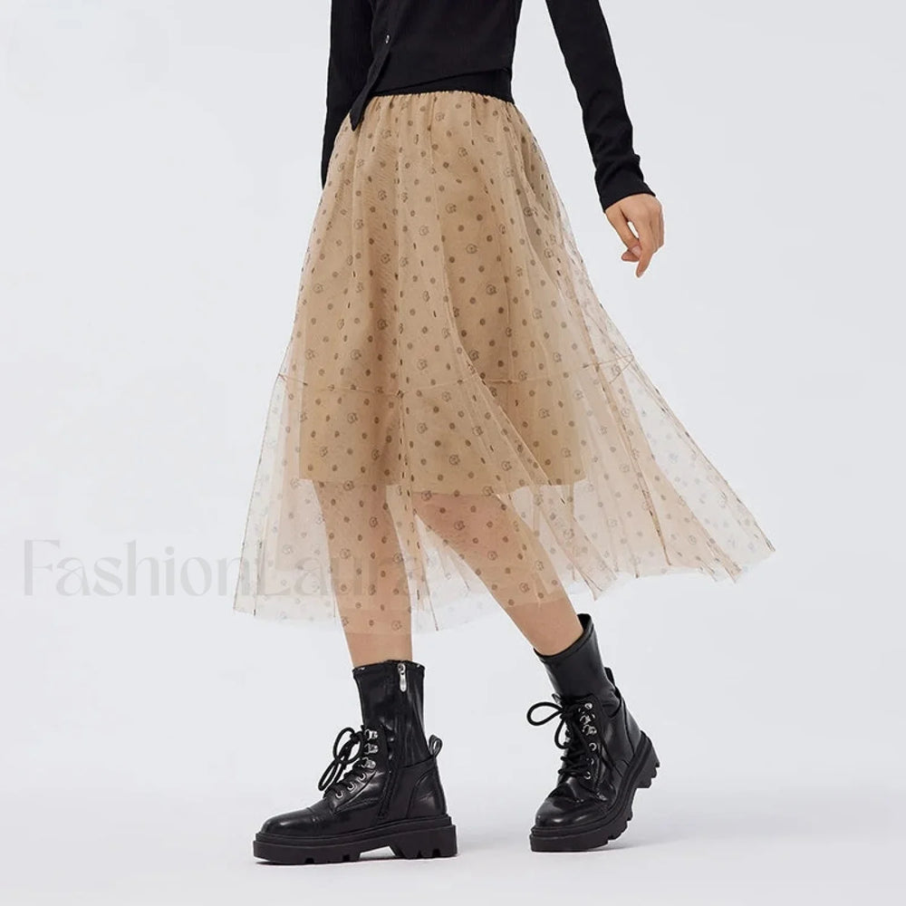 Polka Dot Mesh Umbrella Skirt coffee / S