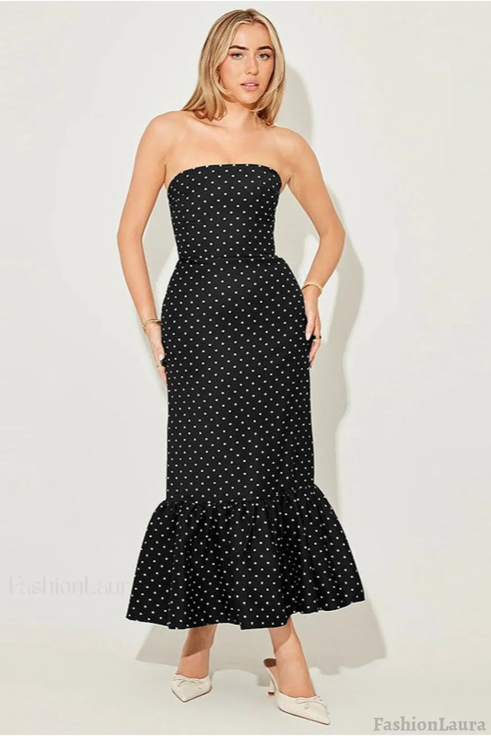 Polka Dot Off Shoulder Strapless Maxi Dress