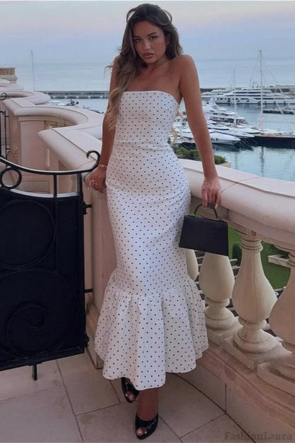 Polka Dot Off Shoulder Strapless Maxi Dress