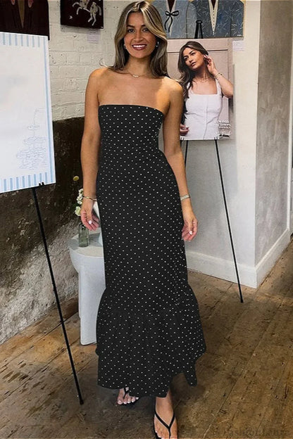 Polka Dot Off Shoulder Strapless Maxi Dress Black / S