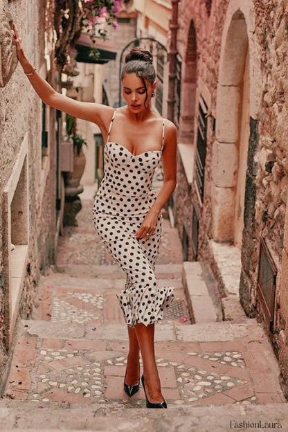 Polka Dot Pleated Slim Waist Strappy Maxi Dress