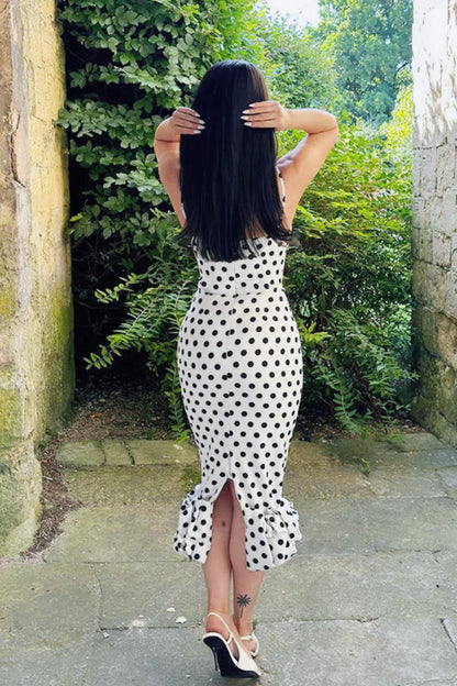 Polka Dot Pleated Slim Waist Strappy Maxi Dress