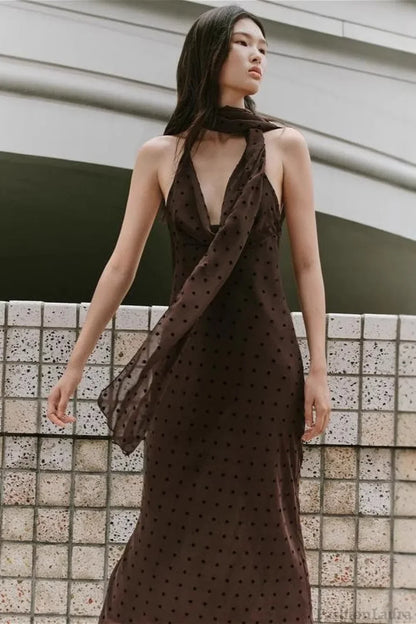 Polka Dot Scarf Neck Halter Maxi Dress