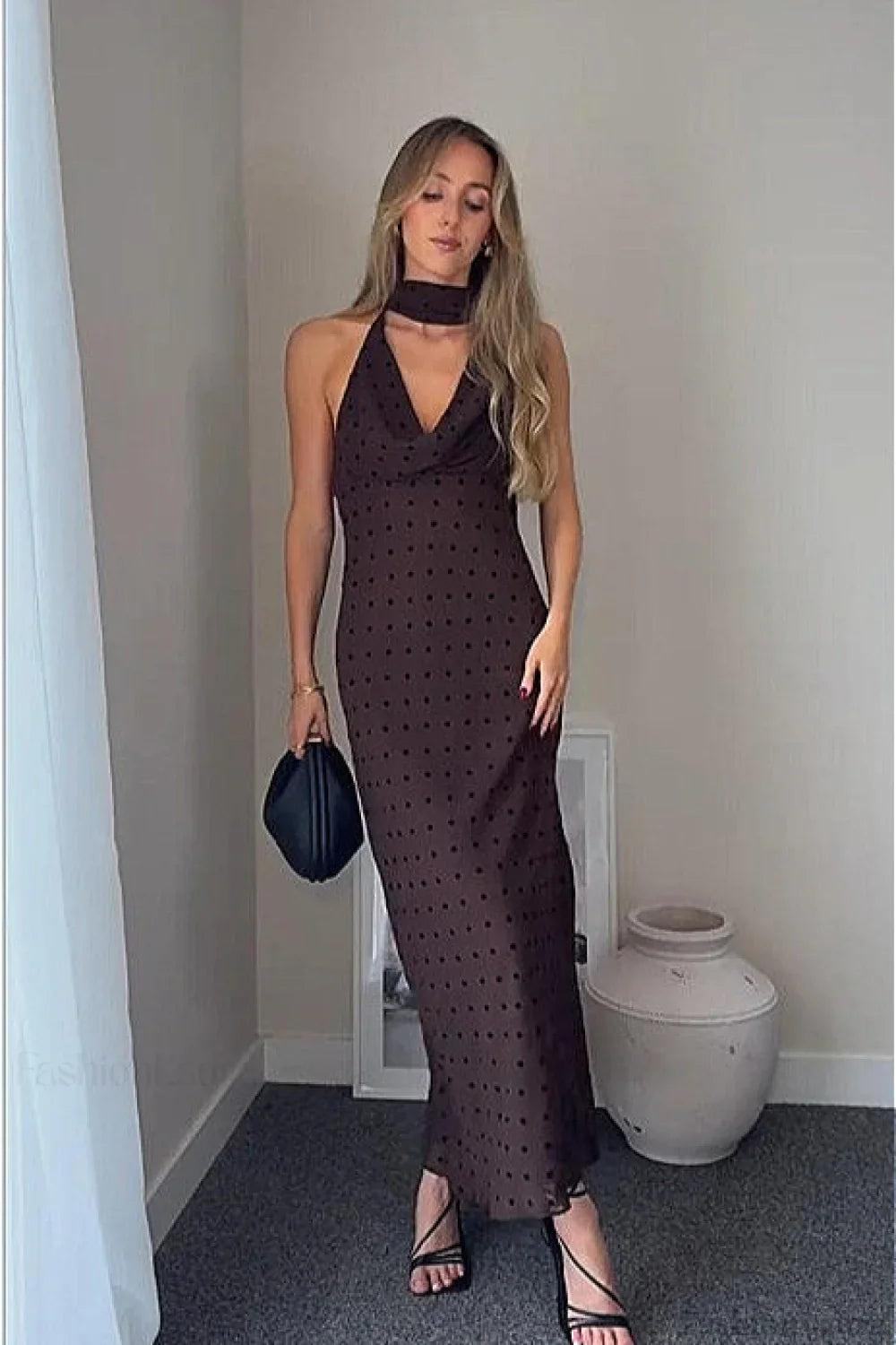 Polka Dot Scarf Neck Halter Maxi Dress