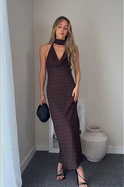 Polka Dot Scarf Neck Halter Maxi Dress